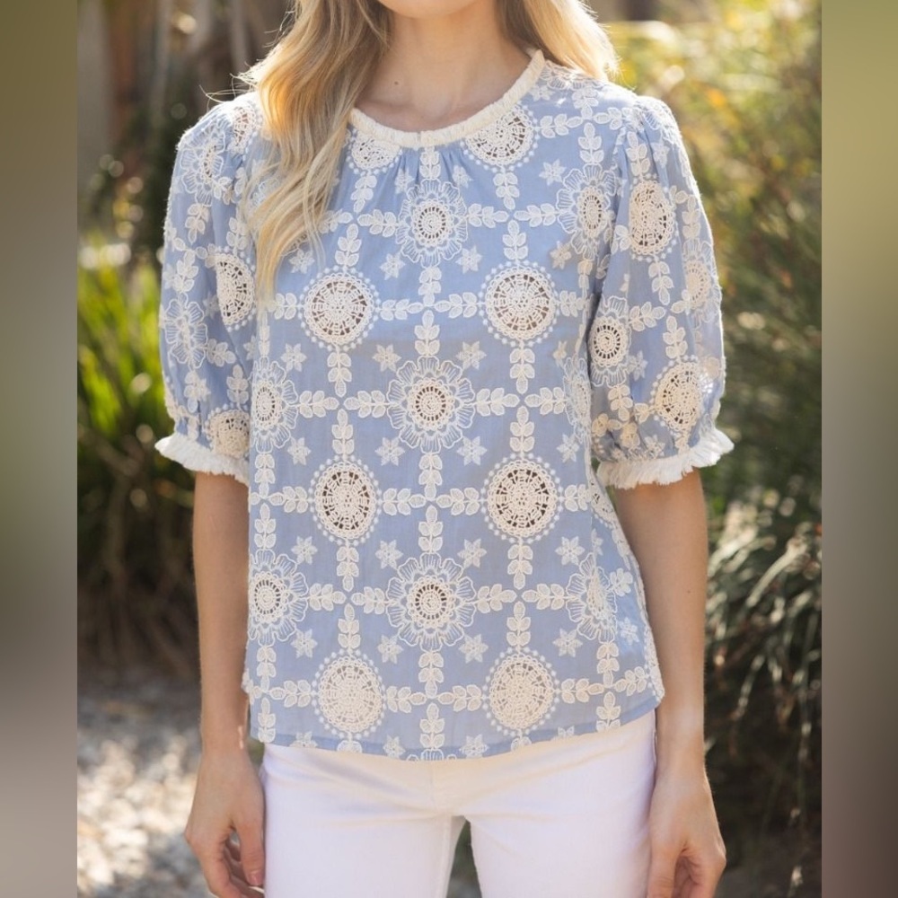 VOYNBlue Crochet EMBROIDERED FRING TRIM Lace Puff Sleeve Top, WOMEN SIZE L